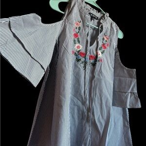 Striped Cold Shoulder Blouse with Floral Embroidery
